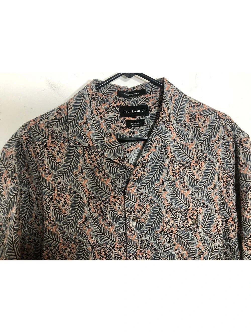 Paul Fredrick Mens Large Linen Shirt Short Sleeve Leaf Print Classic Fit Pocket